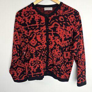 Vintage Jaeger Wool Cardigan sz M Black Red Festive 3/4 Sleeve Boxy Preppy 90s